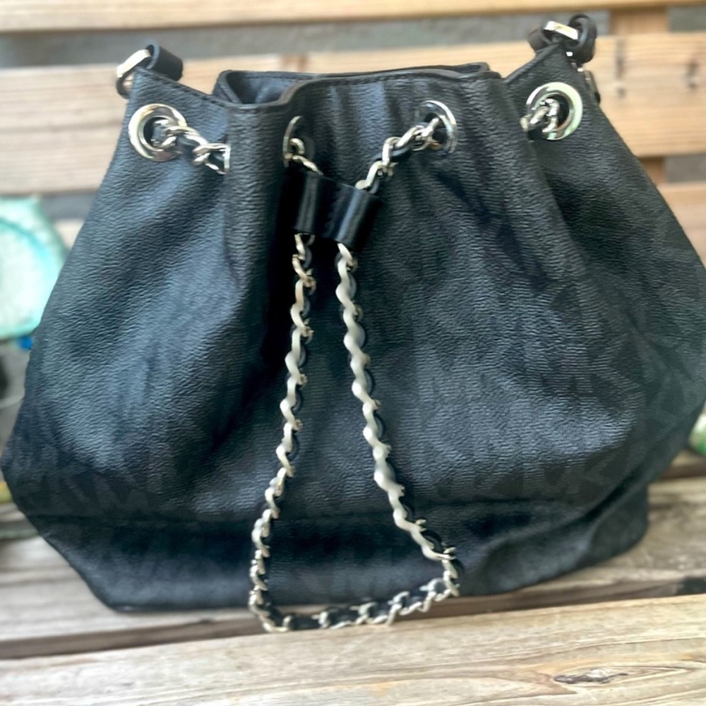 Michael Kors Black Signature Coated Canvas Drawstring Handbag